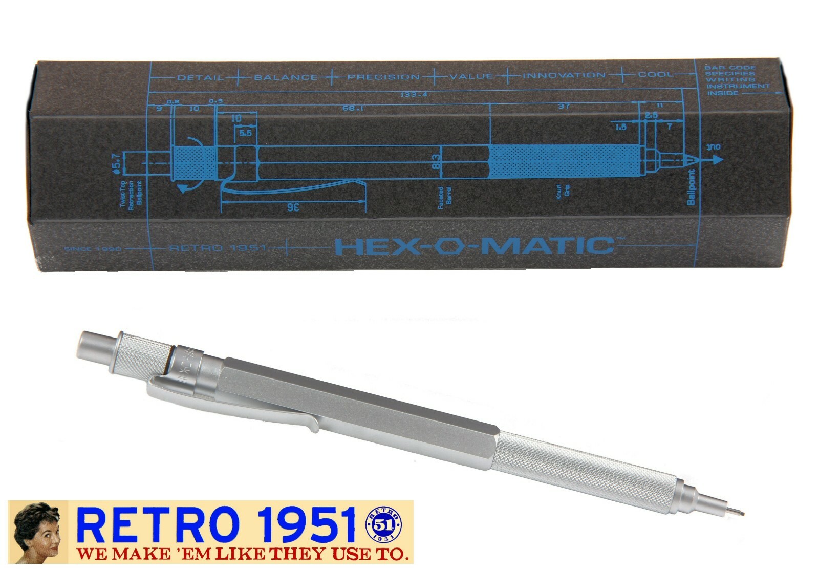 Retro 51 / Hex-o-matic Series Silver 7mm Lead Pencil #HEX-615P