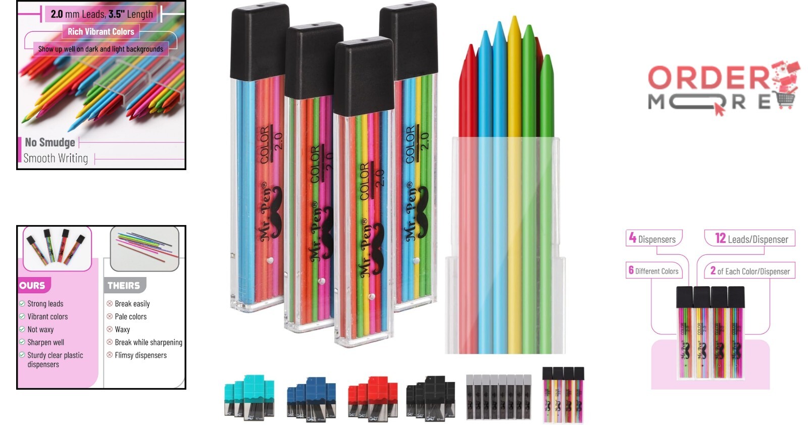 Compact 2mm Lead Sets – 48 Refills in Colorful Dispensers for Easy Access