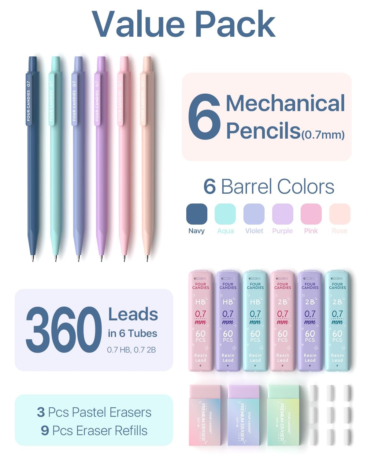 6PCS Cute Mechanical Pencil Set with 372 Leads & Erasers, 0.7mm Medium Point,…