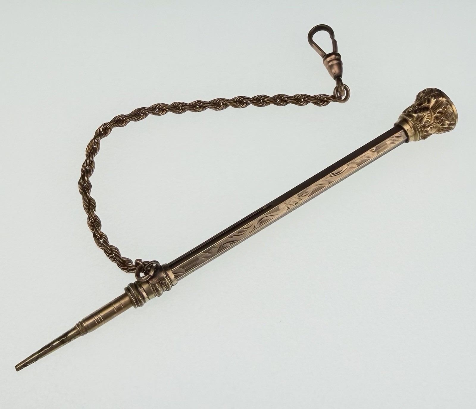 Victorian Gold Filled 3 7/8″ Telescoping Pencil Watch Fob w/ Chain & White Stone