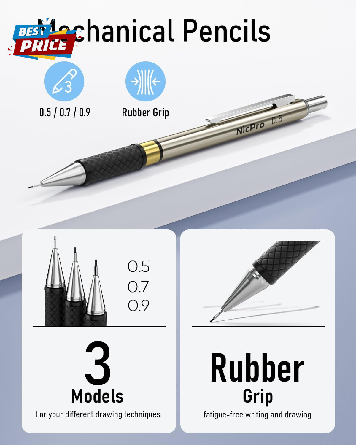 Gold Art Mechanical Pencil Set, Metal Drafting Pencil 0.5, 0.7, 0.9Mm & 2Mm Lead