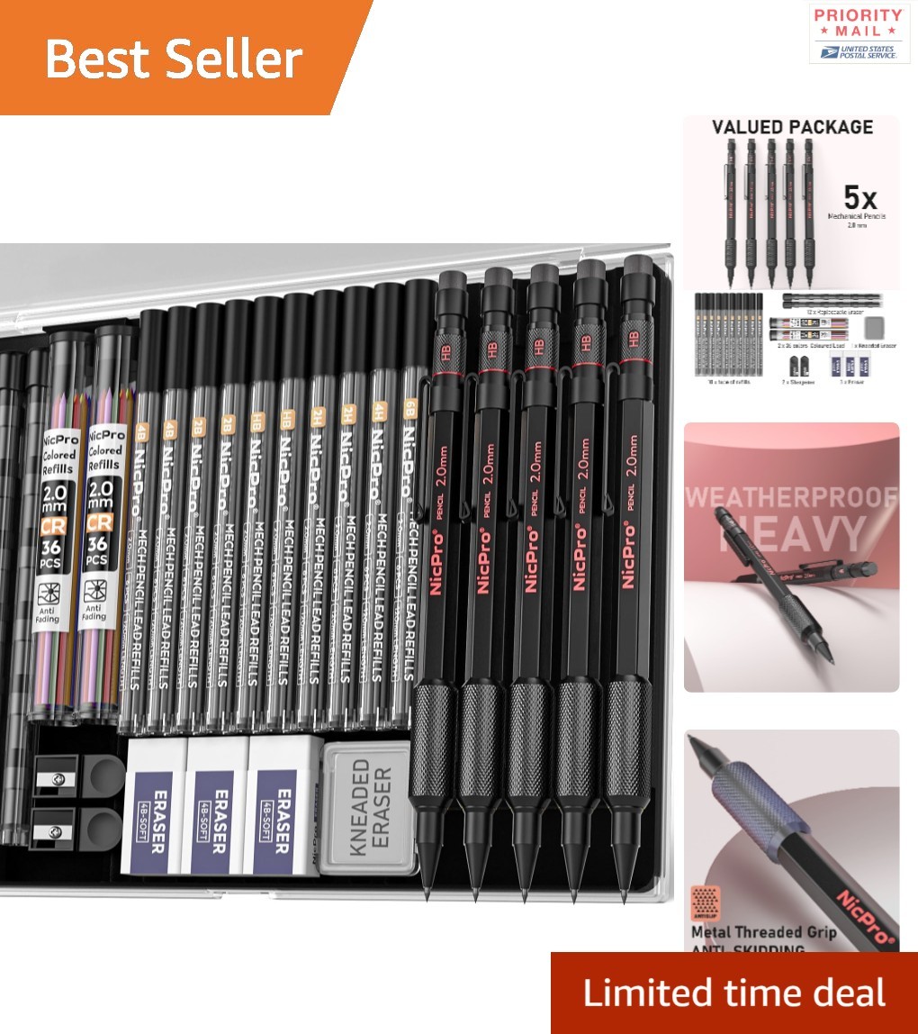 Multifunctional 2mm Mechanical Pencils Set Includes 5 Pencils and Case 72 Leads