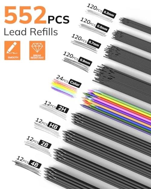 27PCS Mechanical Pencil Set with Case, Art 0.3mm+0.5mm+0.7mm+0.9mm+2.0mm