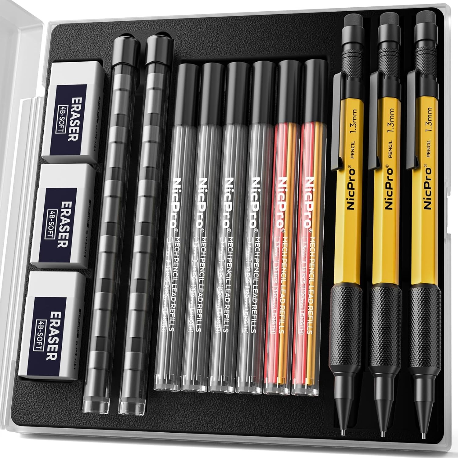 Nicpro 3 PCS 1.3 mm Mechanical Pencil Set with 72 Lead 3 Pack, Yellow