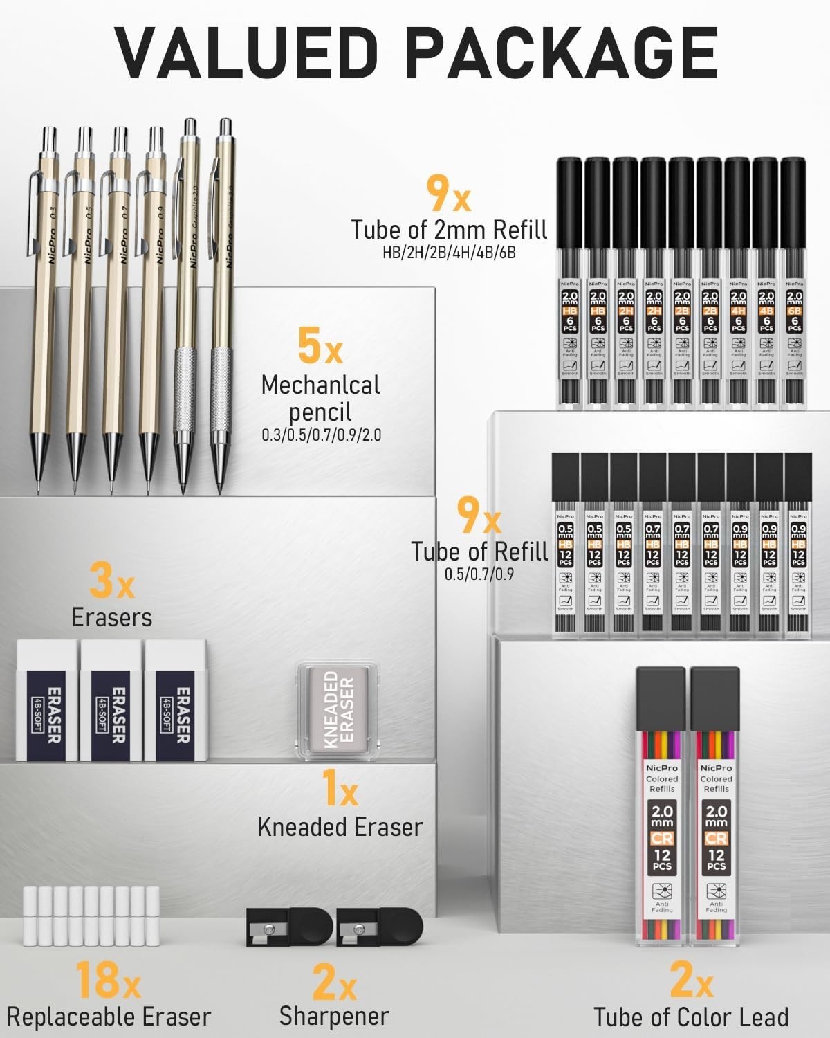 Mechanical Pencil Set 34PCS 0.3mm 0.5mm 0.7mm 0.9mm 2mm Lead Holder