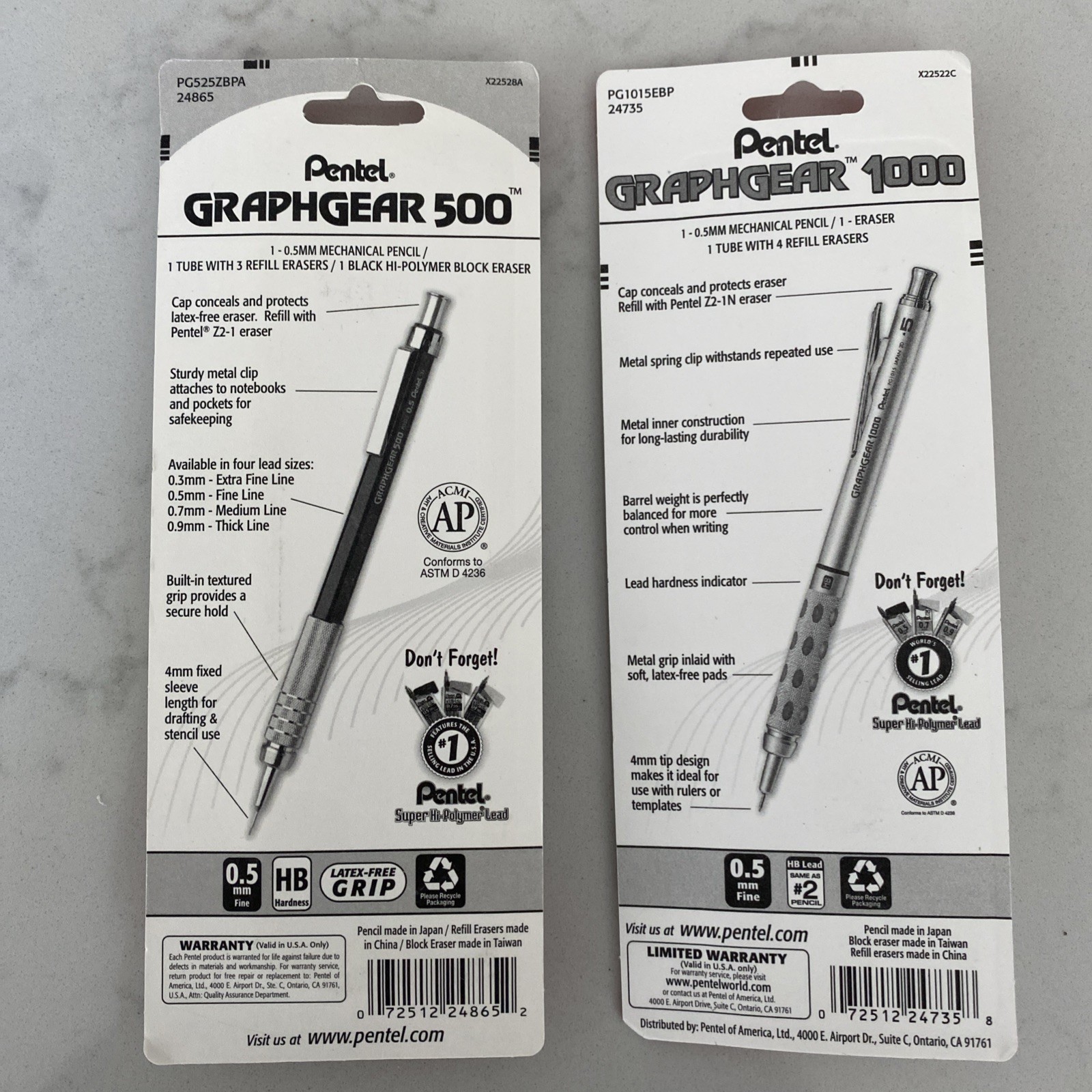 2 X Pentel Graphgear 500 PG525 & 1000 PG1015 0.5mm Mechanical Pencil NIB