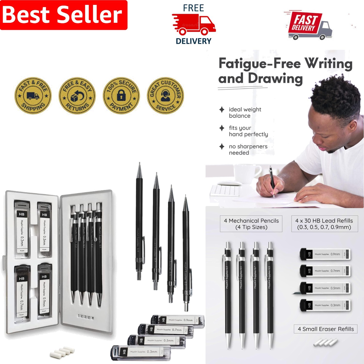 MozArt Ergonomic Mechanical Pencil Set – 4 Sizes, 30 Leads, and Case for Artists