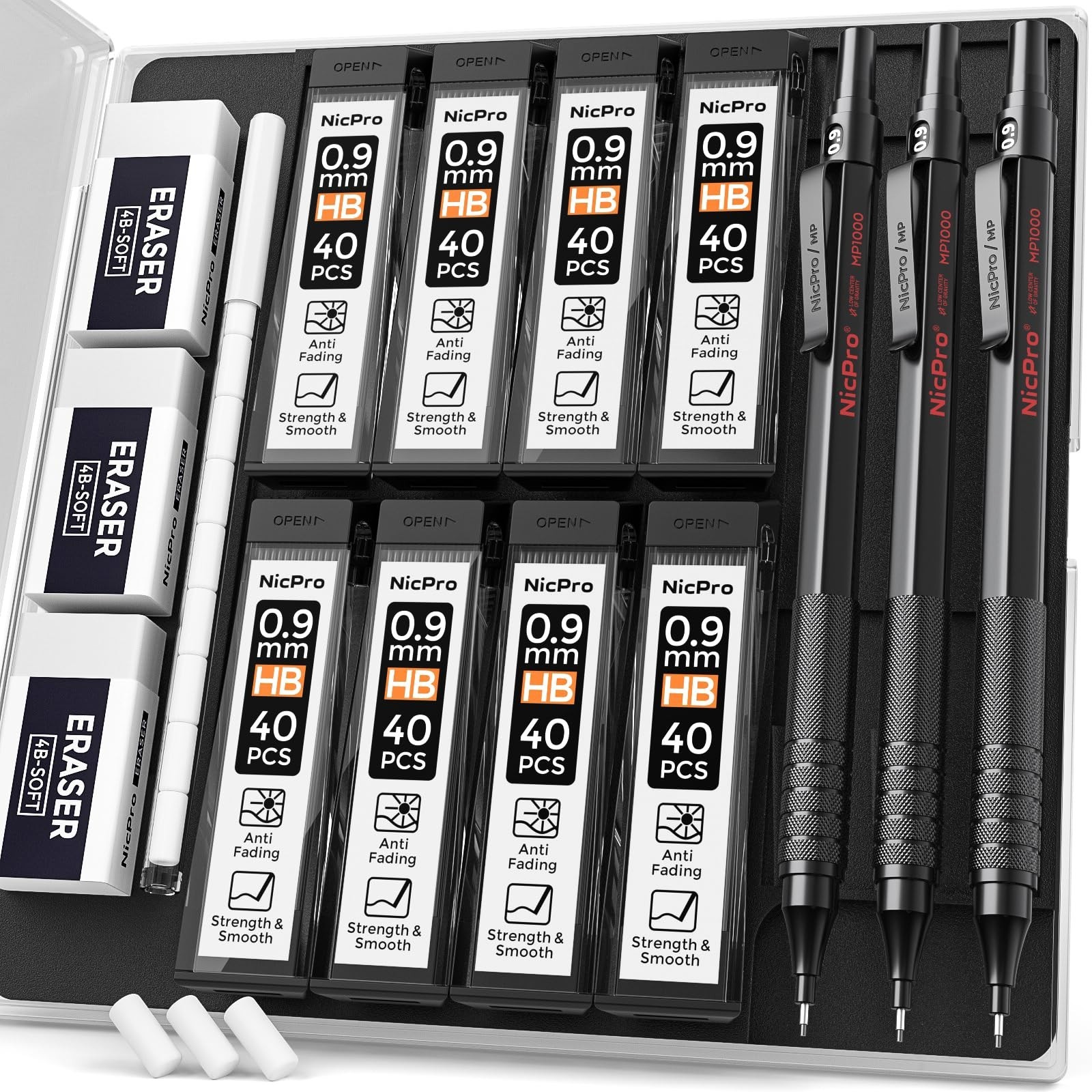 0.9mm Mechanical Pencil Set with Case – 3PCS Drafting Pencils, Lead Refills & Er