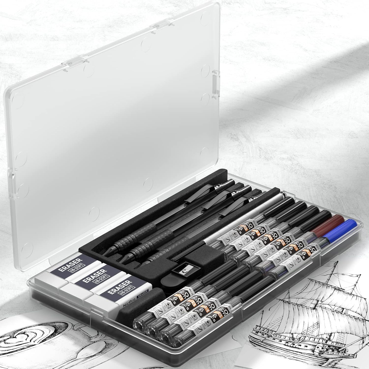 Black Metal 2.0 Mechanical Pencil Set with Case, 3 PCS Drafting Lead
