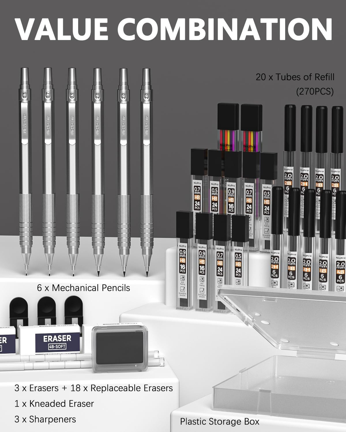 35PCS Silver Metal Mechanical Pencils Set in Case, Art Drafting Pencil 0.5, 0.7,