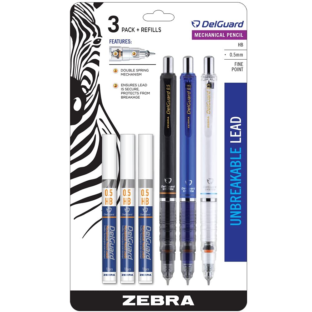Zebra DelGuard Mechanical Pencil 3 Pack Fine Point 0.5mm Black Blue White