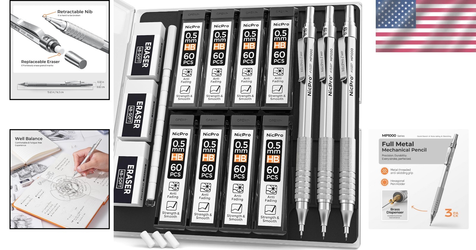 Durable 3PCS Mechanical Pencil Set with 8 HB Lead Tubes & Stylish Storage Case