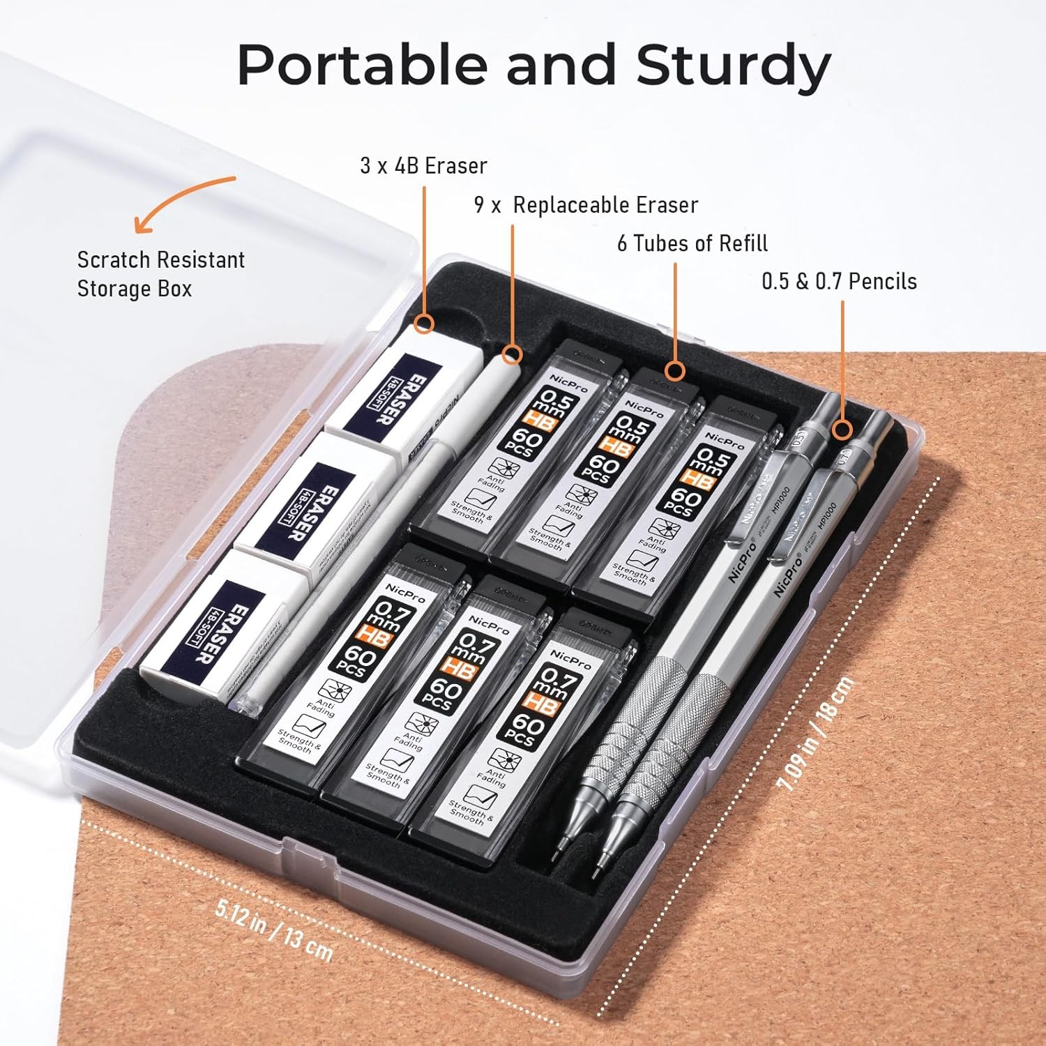 Nicpro 2 PCS Mechanical Pencil 0.5mm & 0.7 mm with Case, 17 Piece Set, Silver