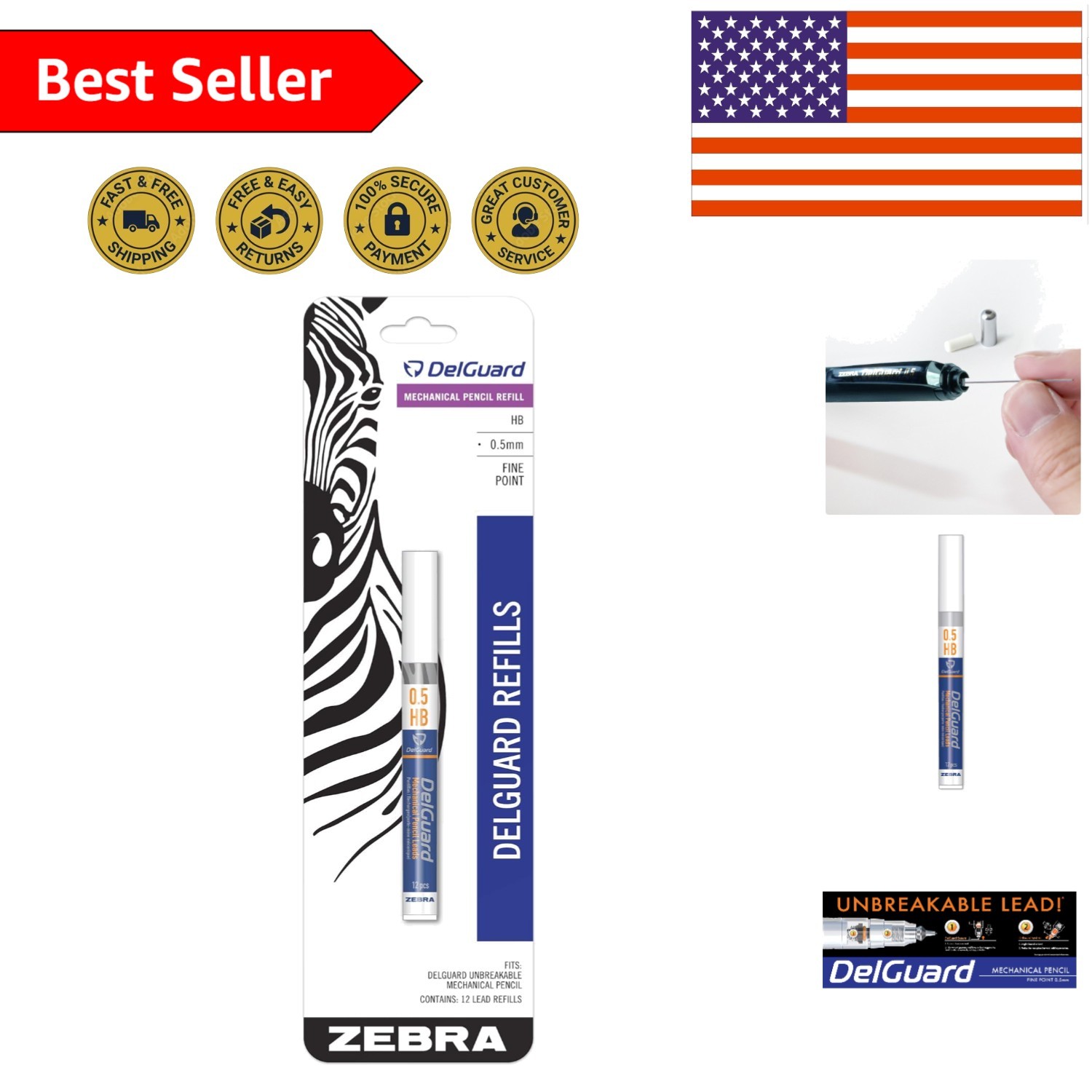 0.5mm DelGuard Mechanical Pencil Lead Refill – 12 Graphite Leads, Unbreakable