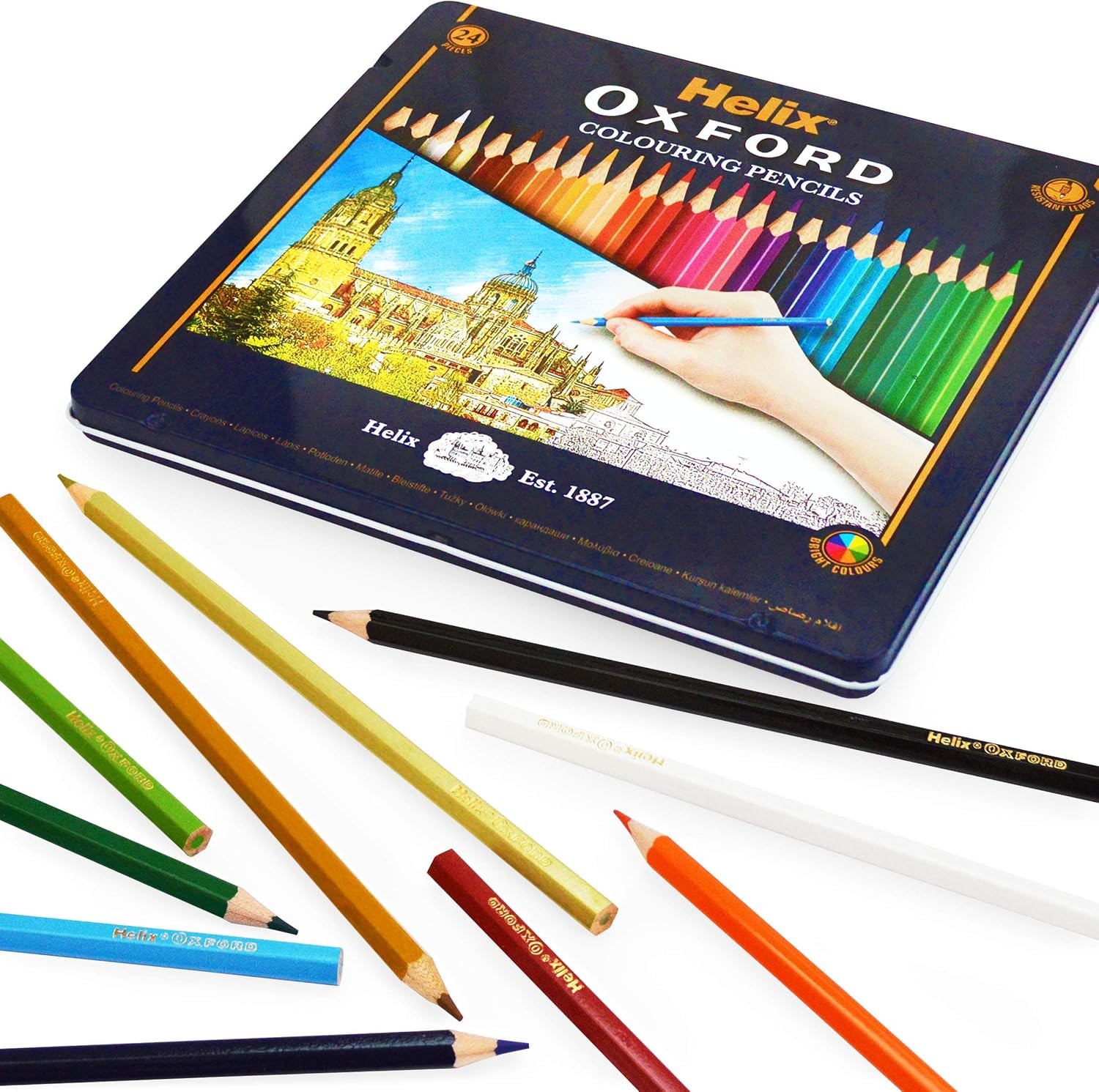 Helix Oxford Colouring Pencils in Metal Tin 24 Count (Pack of 1), Assorted