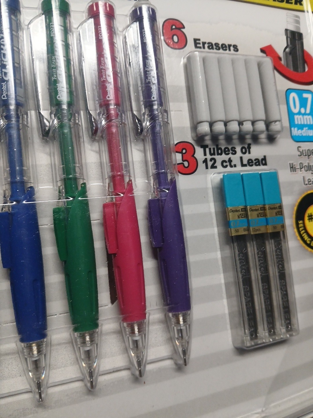 Pentel Twist-Erase Click Mechanical Pencils 0.7mm, 15 Piece Set, multi-color