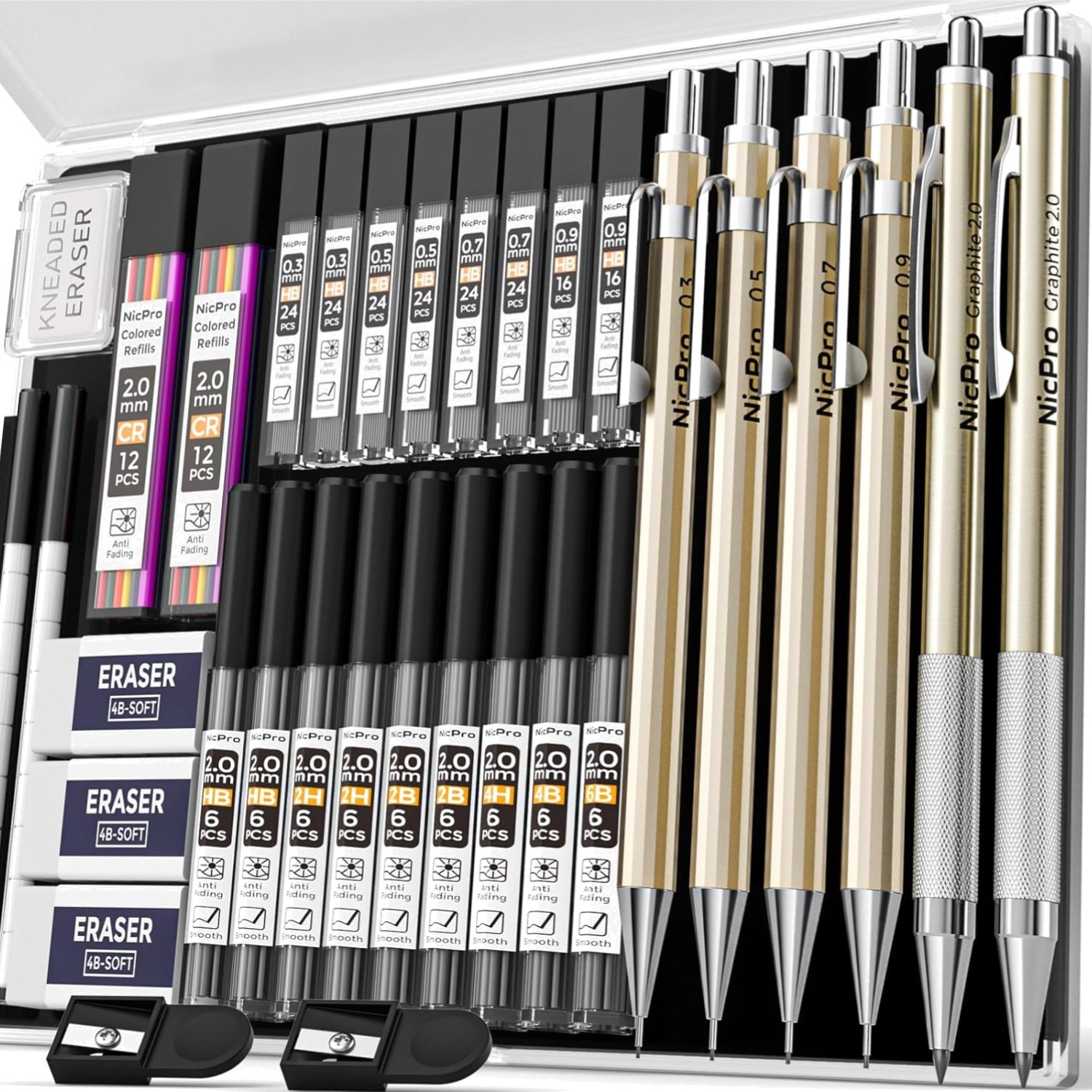 Mechanical Pencil Set 34PCS 0.3mm 0.5mm 0.7mm 0.9mm 2mm Lead Holder