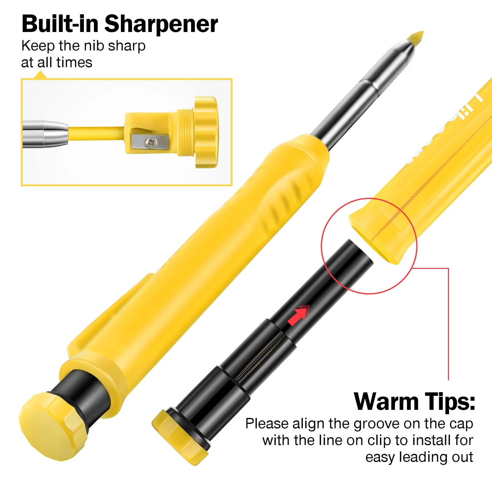 Hiboom 2 Pack Solid Carpenter Pencils with Pencil Cap and 18 Refills, Yellow