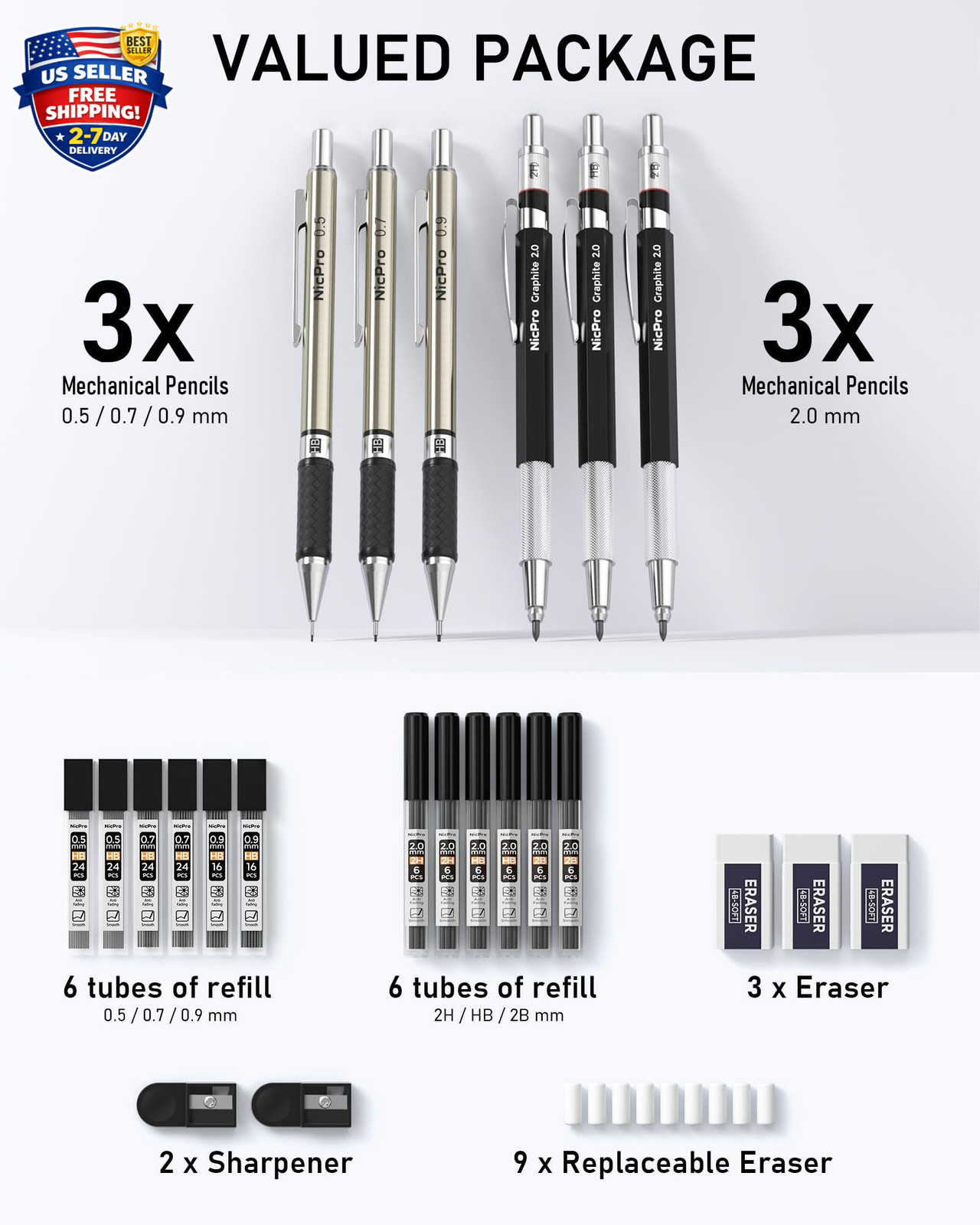 6PCS Art Mechanical Pencil Set, 3PCS Metal Drafting Pencil 0.5 mm & 0.7 mm & 0.9