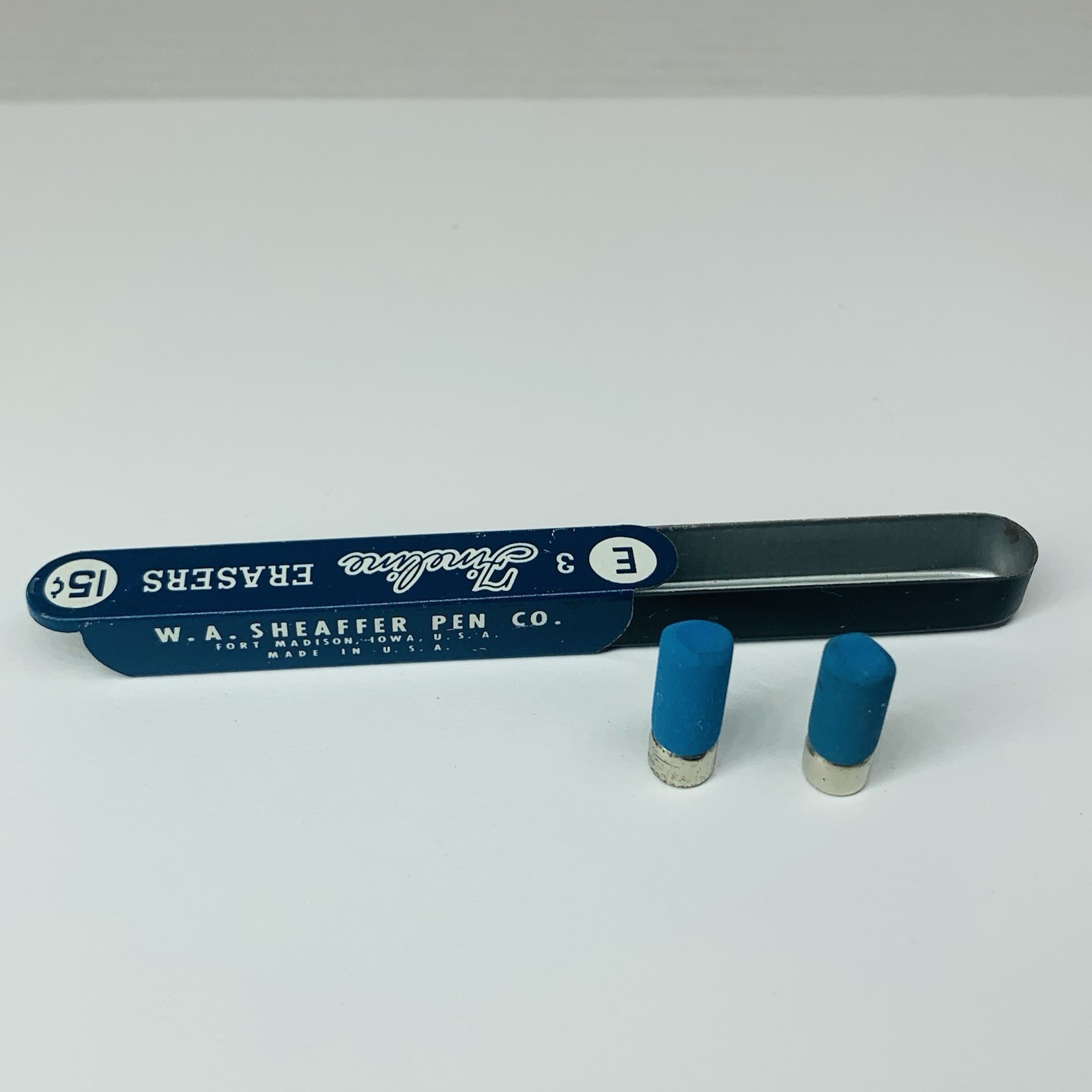 2 Vintage SHEAFFERS Fineline E 3 Mechanical Pencil Erasers & Blue Metal Tin USA