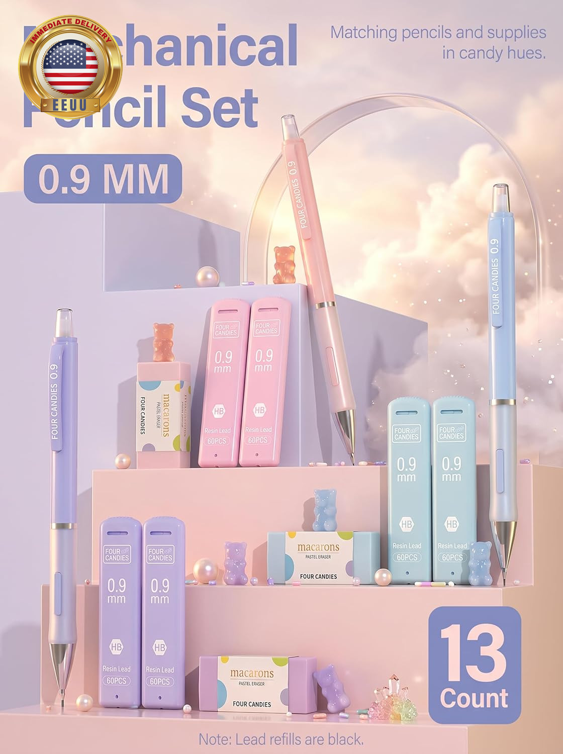 3PCS Cute Mechanical Pencils Set, 0.9Mm with 360PCS Thick Leads, Pastel Erasers