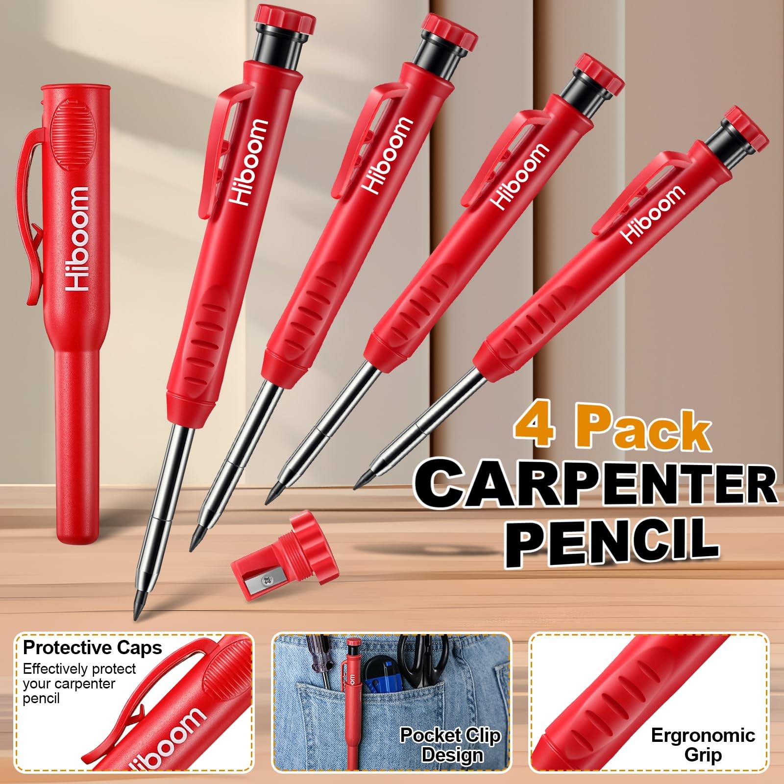 Hiboom 4 Pack Carpenter Pencils with 36 Refills (Red, Black, Yellow), 2.8 Red