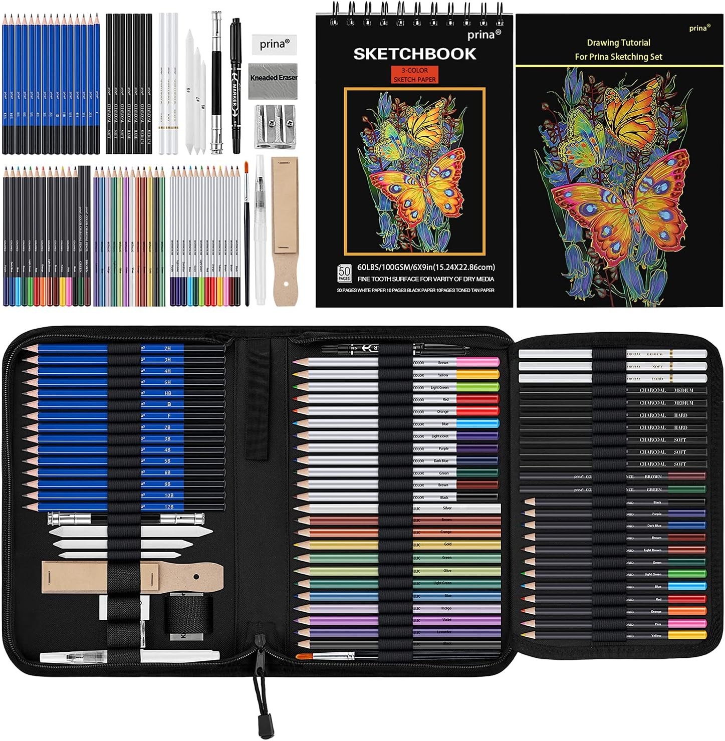 Prina 76 Pack Drawing Set Sketching Kit, Pro Art 76 Piece Set, Multicolor