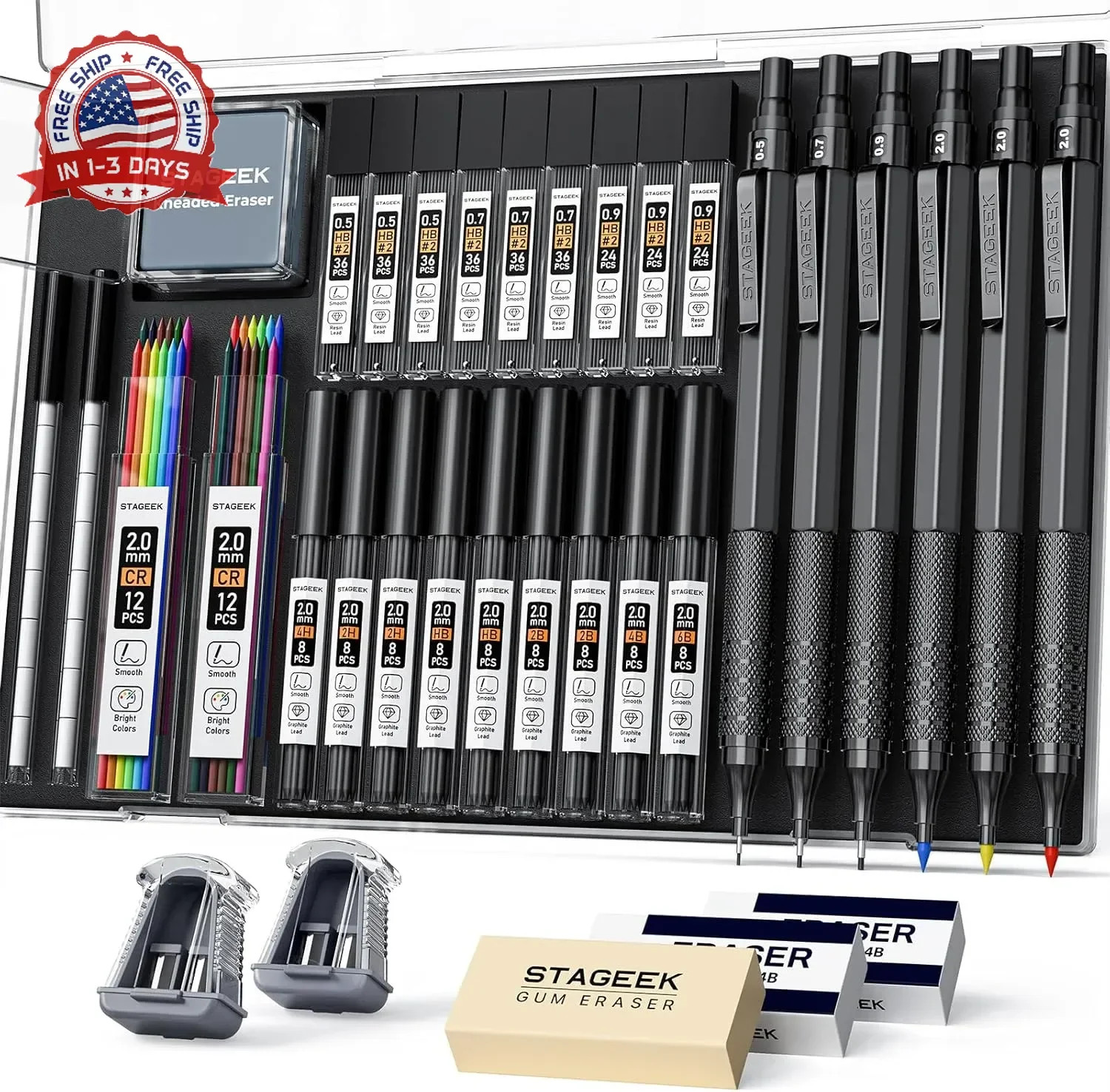 STAGEEK 35PCS Black Art Mechanical Pencil Set in Case，0.5 0.7 0.9 2.0 Graphite M