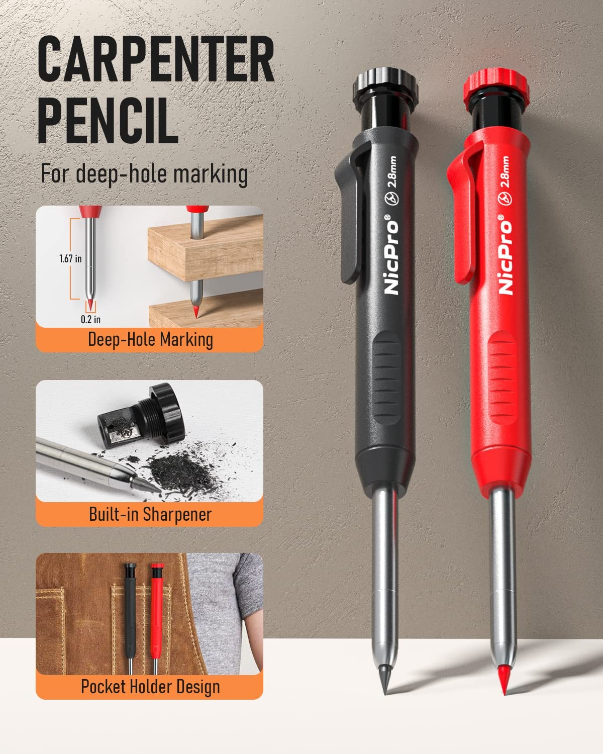Nicpro Carpenter Pencil with Sharpener, Mechanical Pencils 2 Pack, Black,Red