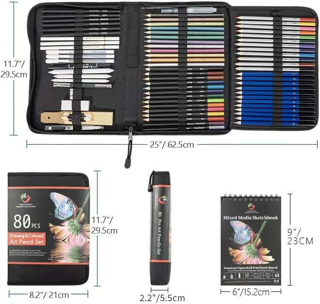 H & B 80 PCS Pro Drawing & Art Supplies Set, Sketching Kit with Watercolor, Meta