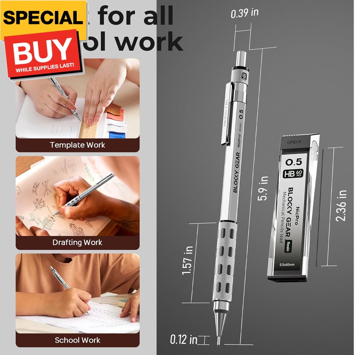 3 Pack Blocky Gear 0.5 mm Metal Mechanical Pencils Set with Case, Lead Drafting