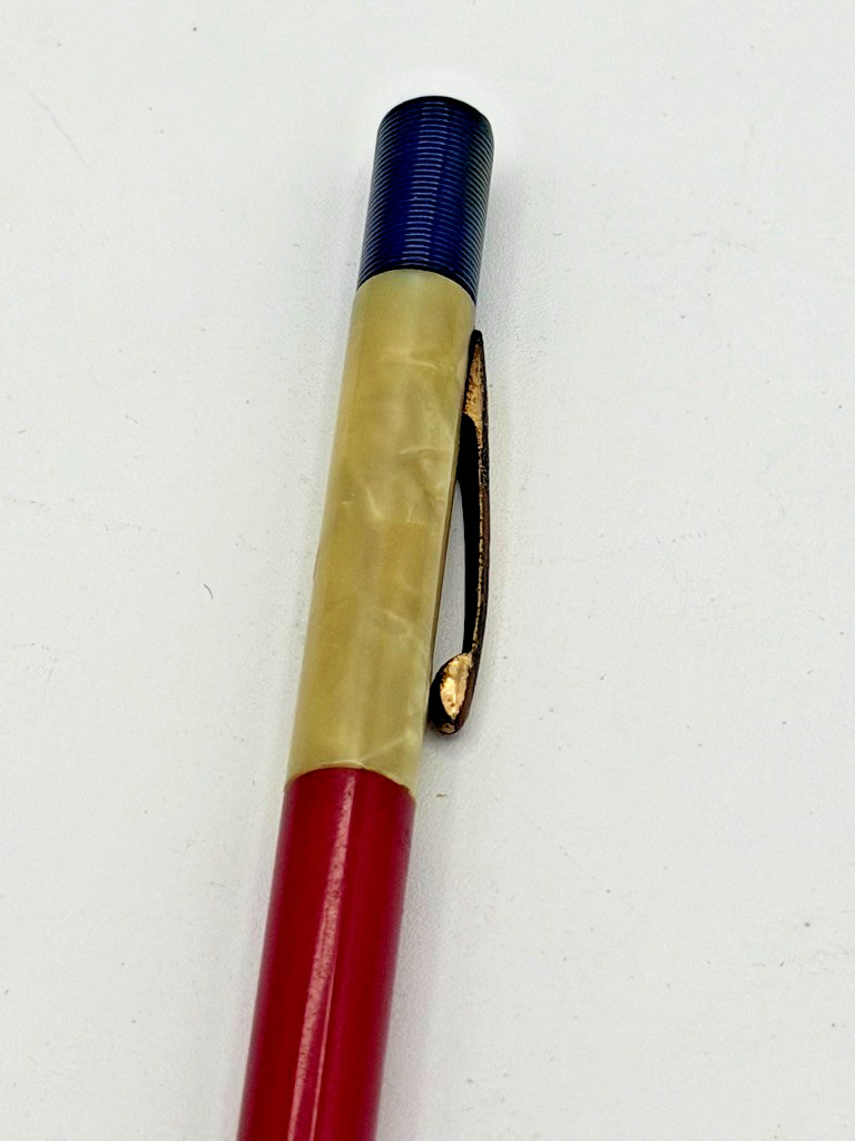Vintage Fineline Mechanical Pencil Red White Blue Marbled Celluloid Gold Tone