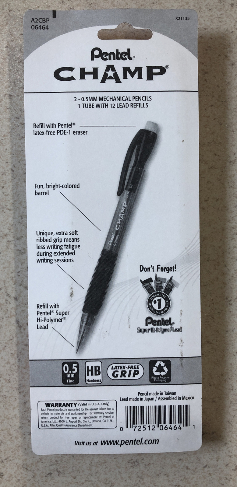 Pentel Champ Mechanical Pencils, Charcoal Grey & Purple Barrels 2 Pk 0.5 mm
