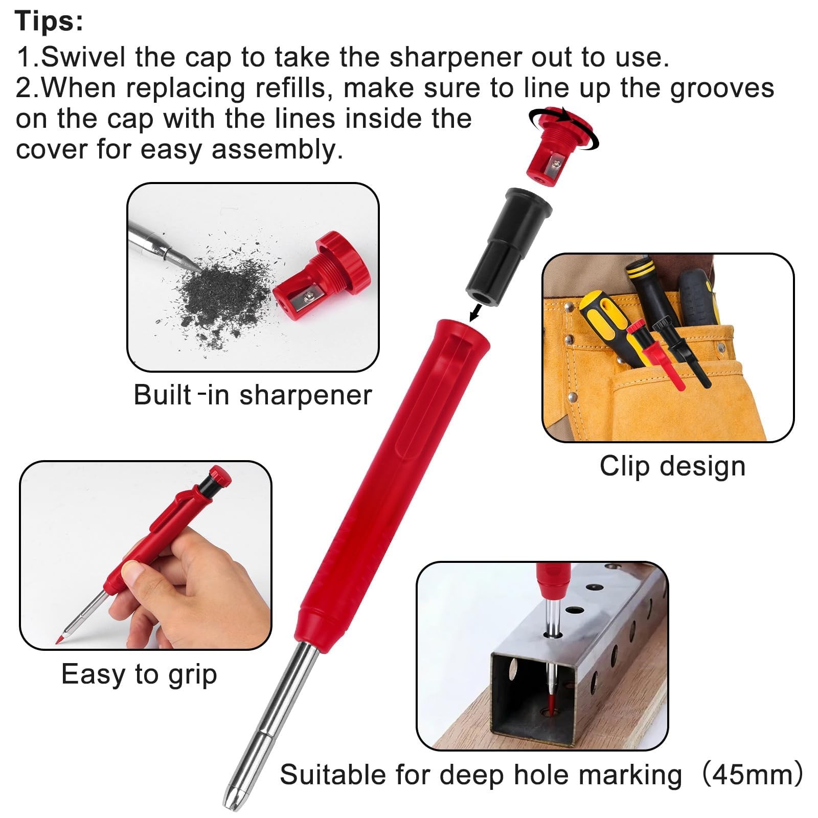 2 Pack Carpenter Pencils Deep Hole Mechanical Marker Woodworking Architect 12 Re