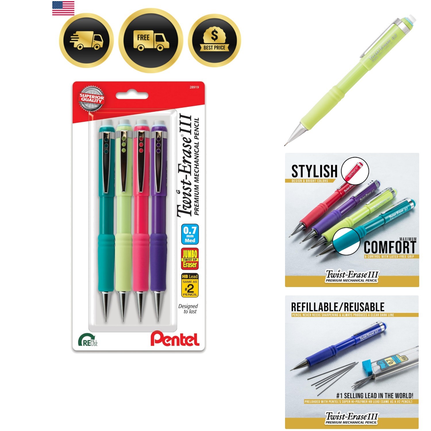 Twist-Erase III Mechanical Pencil, 0.7mm, Medium Line, Assorted Fashion Color…