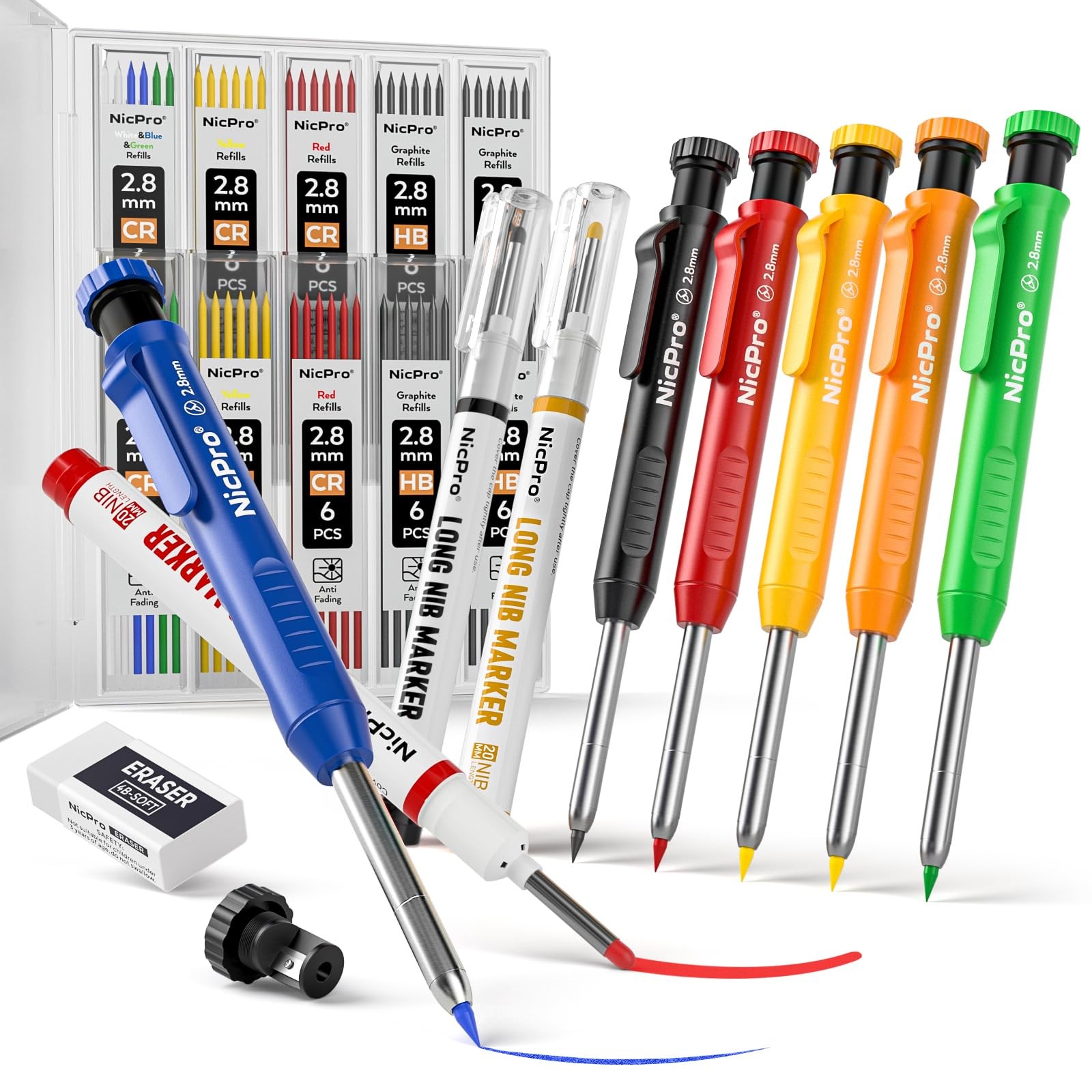 Nicpro 6 Pack CP1000 Carpenter 6 Pack, Black,Red,Yellow,Orange,Green,Blue