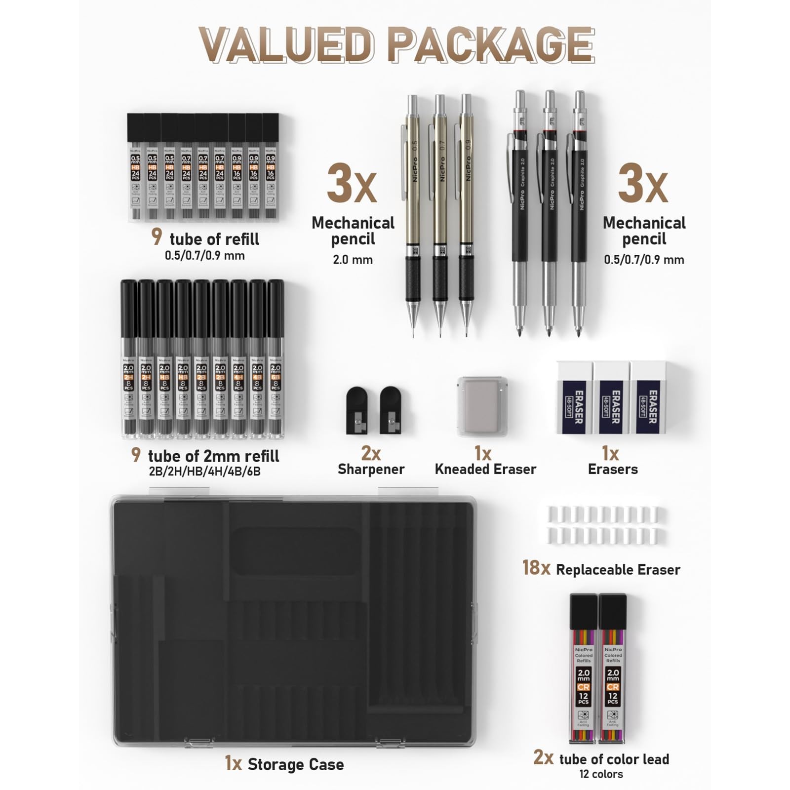 Nicpro 35PCS Art Mechanical Pencil Set, 3 PCS Gold(0.5&0.7&0.9&2.0), Black