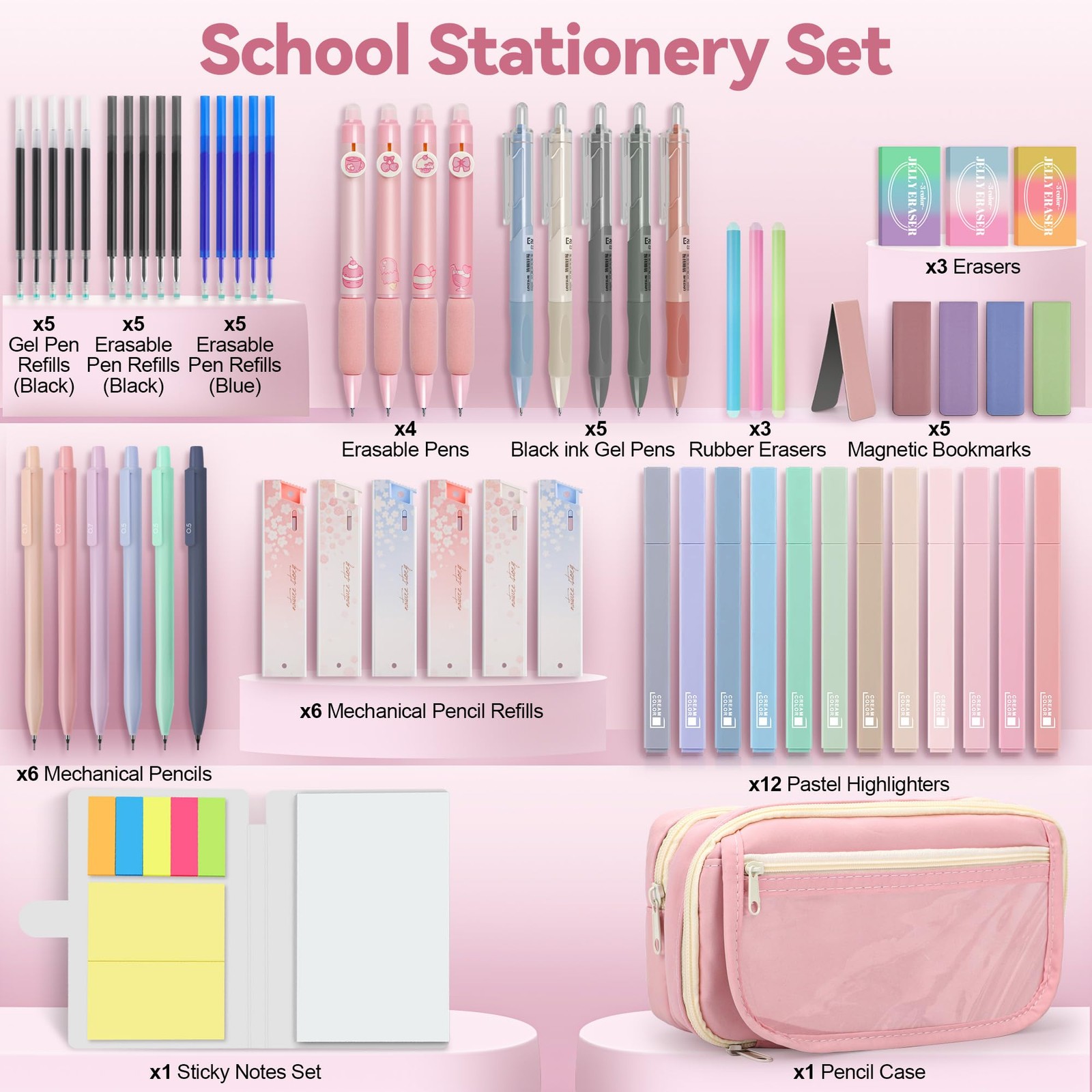 61 PCS Aesthetic School Supplies with Cute Pencil Case Pastel Highlighters Ge…