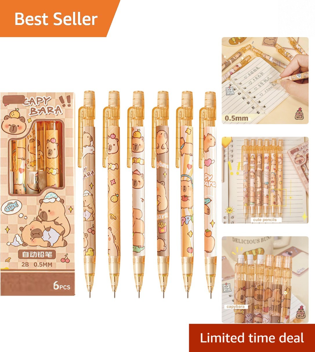 4 Pcs Cute Capybara Mechanical Pencils with Eraser 0.5mm for School & Office