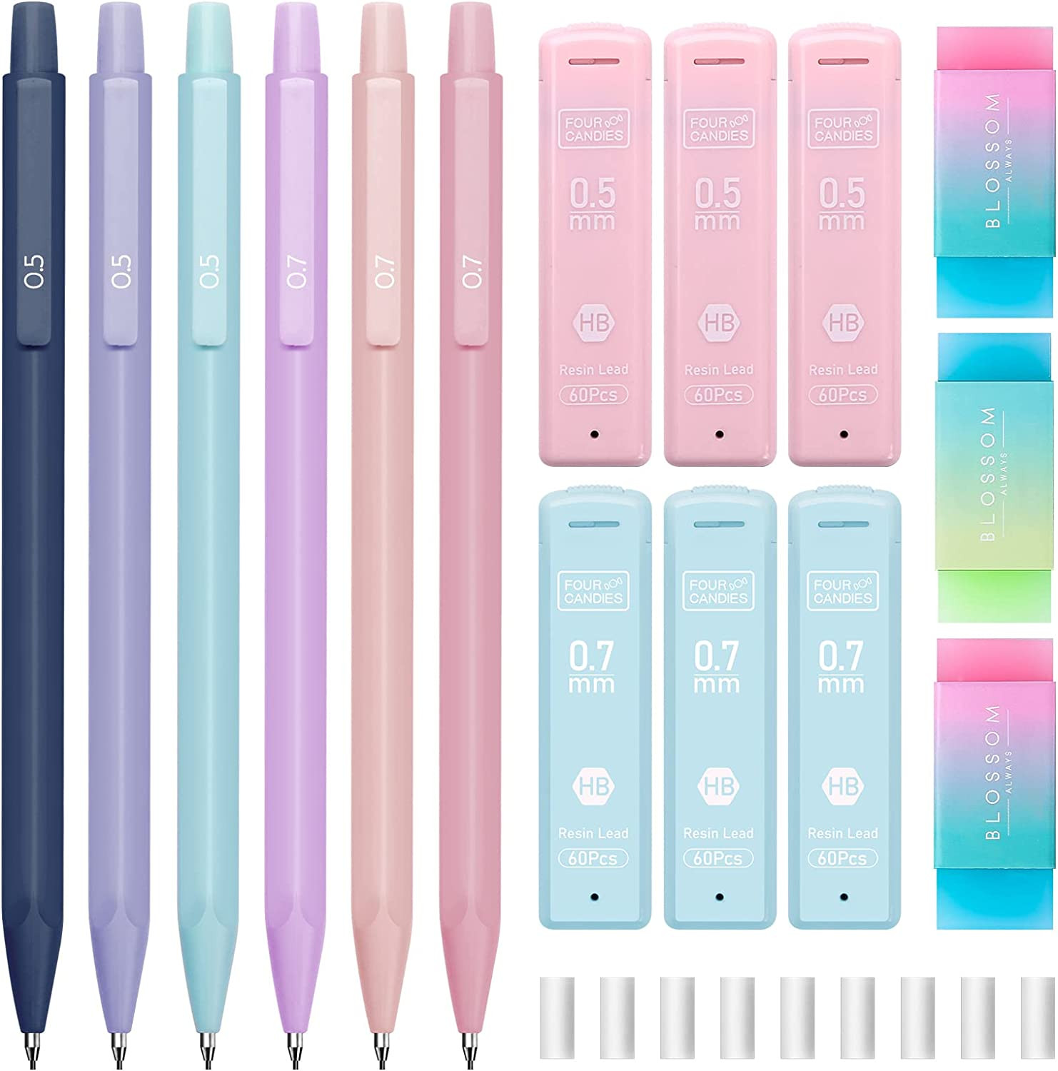 Cute Mechanical Pencil Set, 6PCS Pastel Mechanical Pencils 0.5 & 0.7Mm with 360P