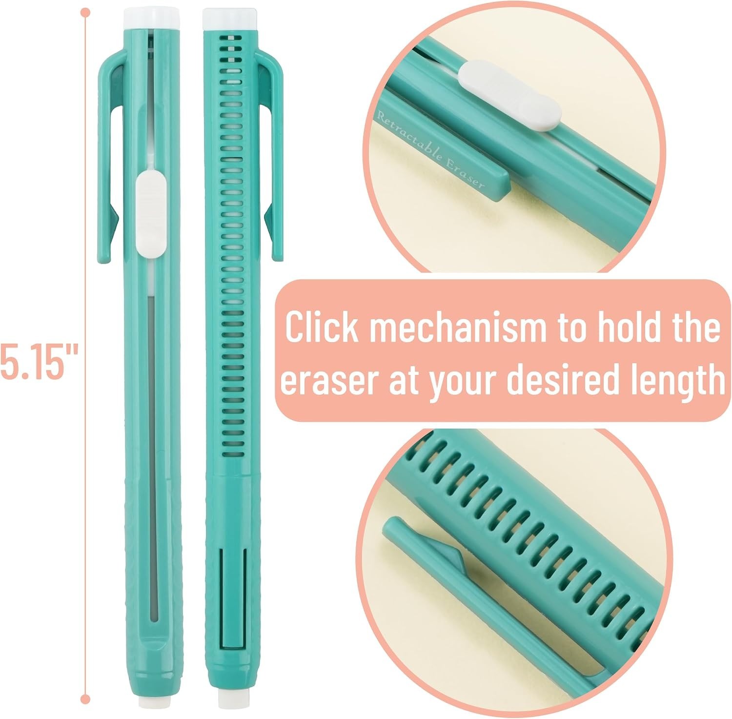 Smooth-Click Retractable Mechanical Erasers – 6 Coral Pens for Clean Corrections