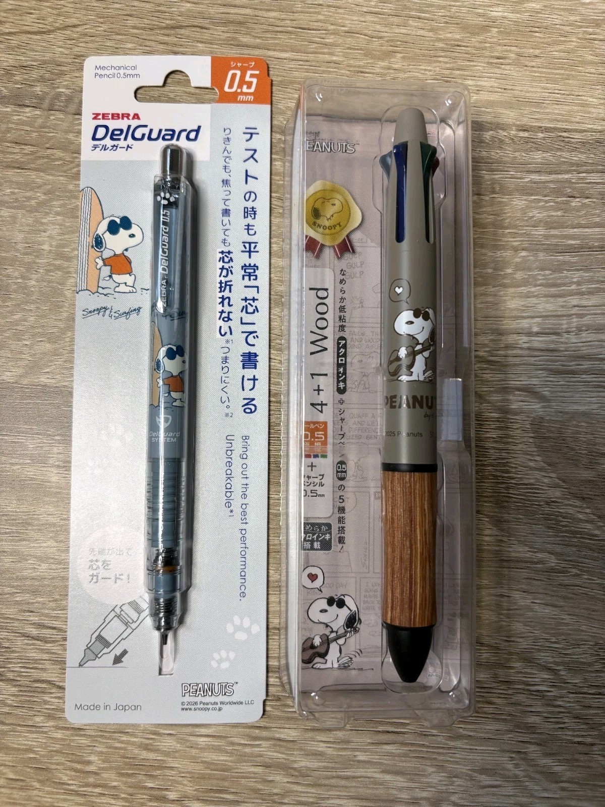 2pcs Set Snoopy DelGuard 0.5mm Mechanical Pencil & Multi Pen Wood Grip Japan
