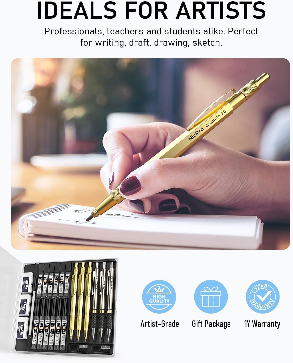 Gold Metal Mechanical Pencil Set 0.5mm to 2mm Lead Refills Drawing Sketching
