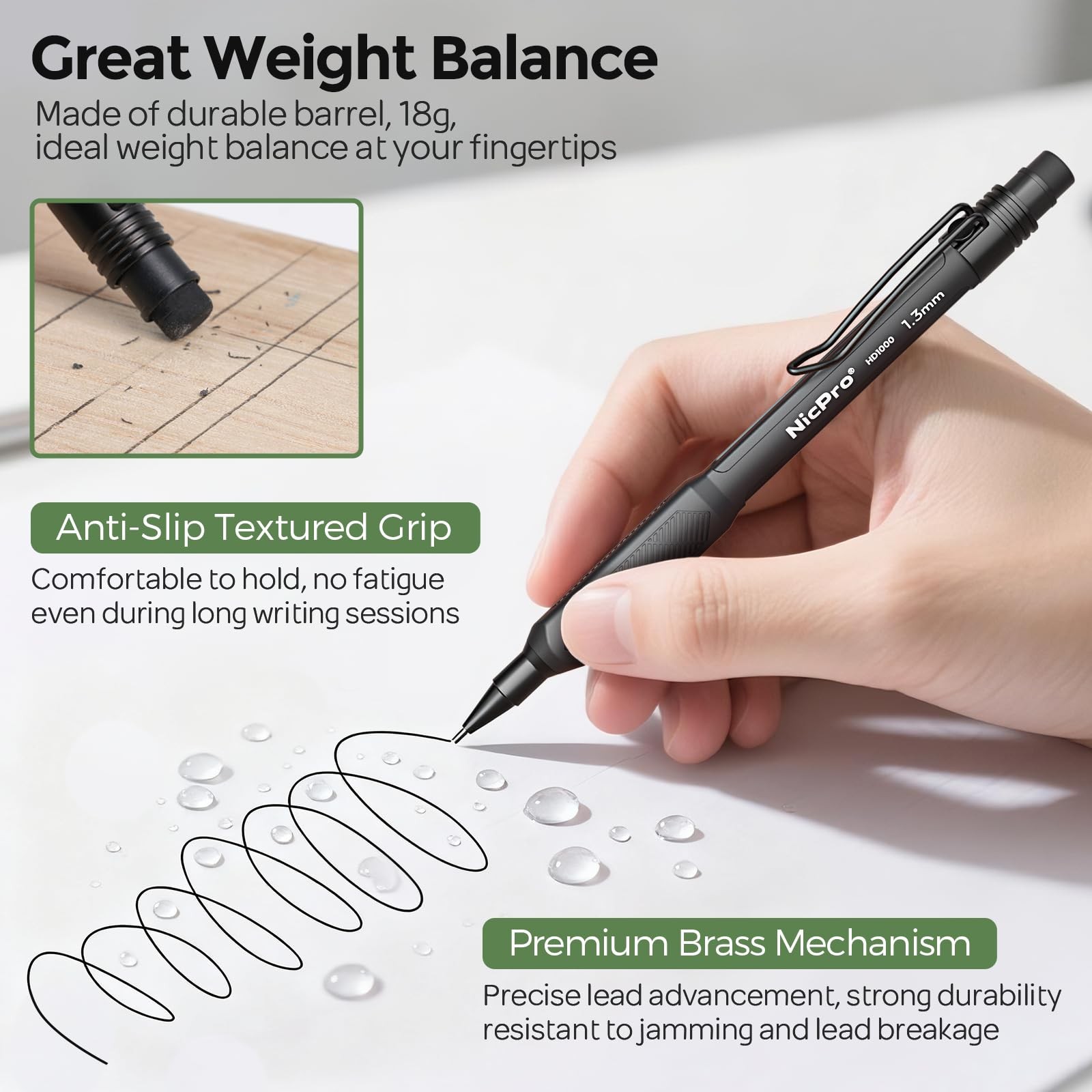 Nicpro 3 PCS 1.3 mm Mechanical Pencils Set 3 Colors 3 Pack, Black,Green,Brown