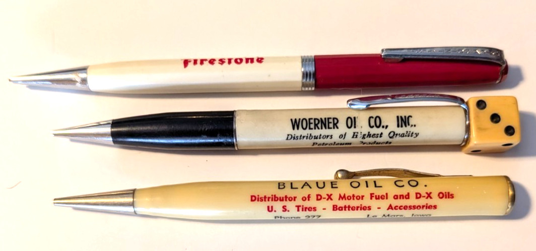 Vintage Firestone, Blaue & Woerner Oil Companies Advertising Mechanical Pencils