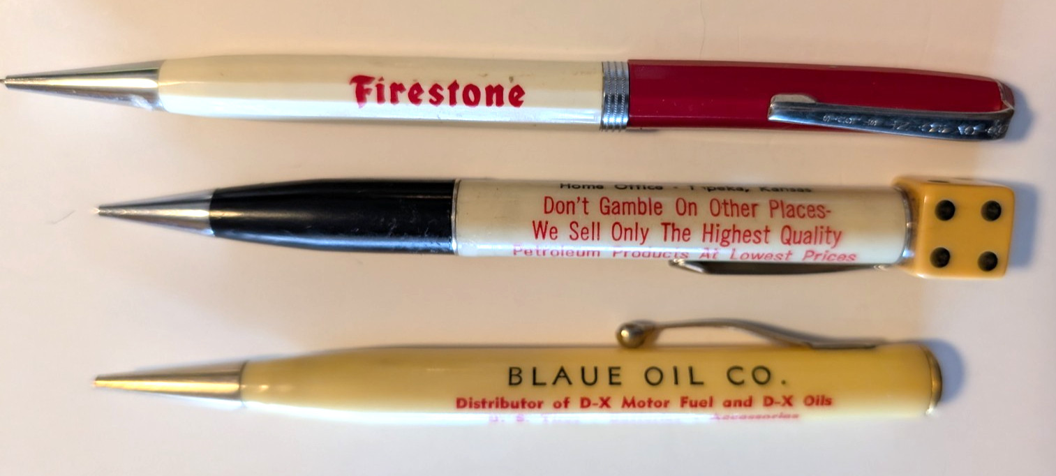 Vintage Firestone, Blaue & Woerner Oil Companies Advertising Mechanical Pencils