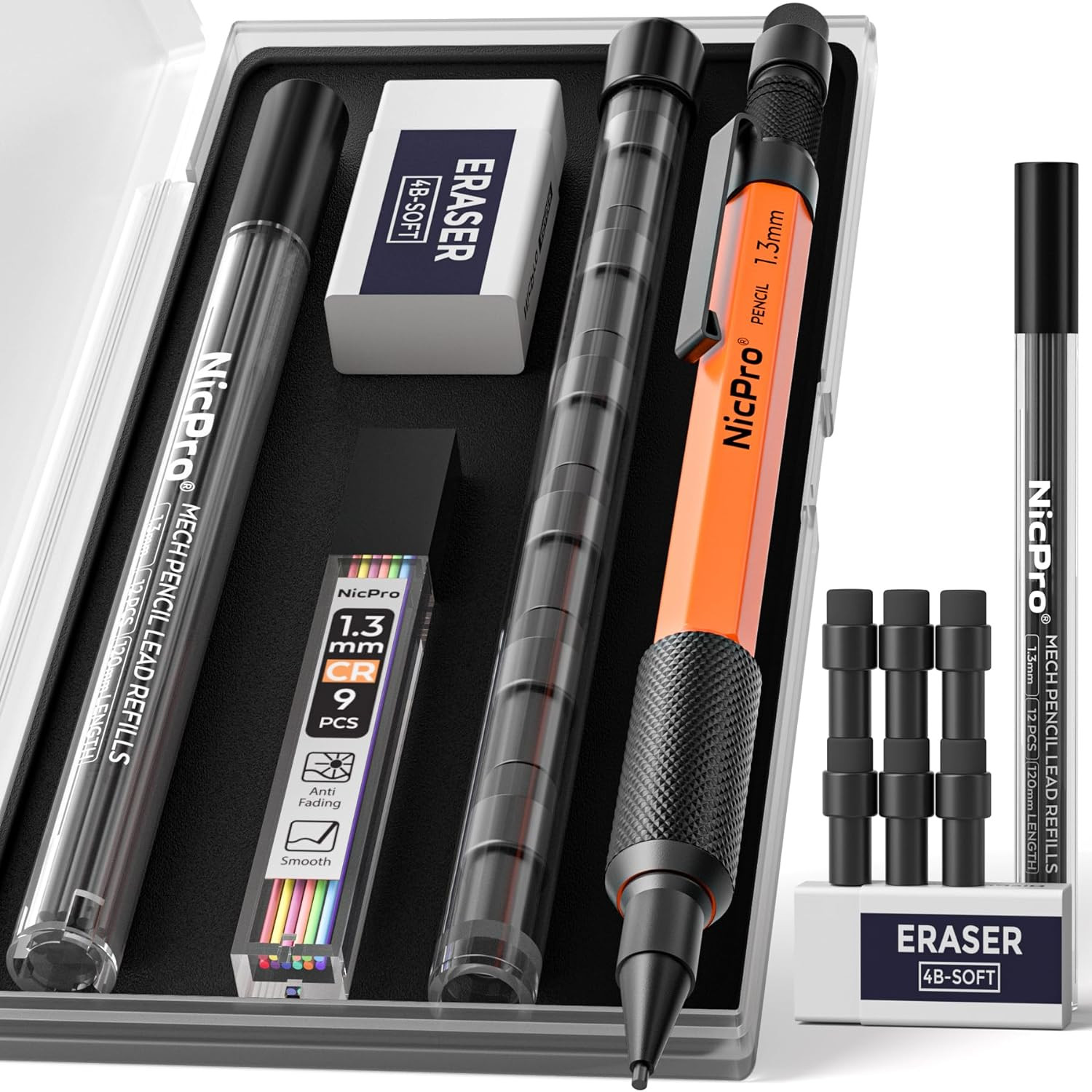 1.3 Mm Mechanical Pencils Set with Lead Refill Black & Colors, Eraser – Orange W