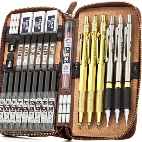 30PCS Art Mechanical Pencils Set in Leather Case Metal Drafting Pencil Gold