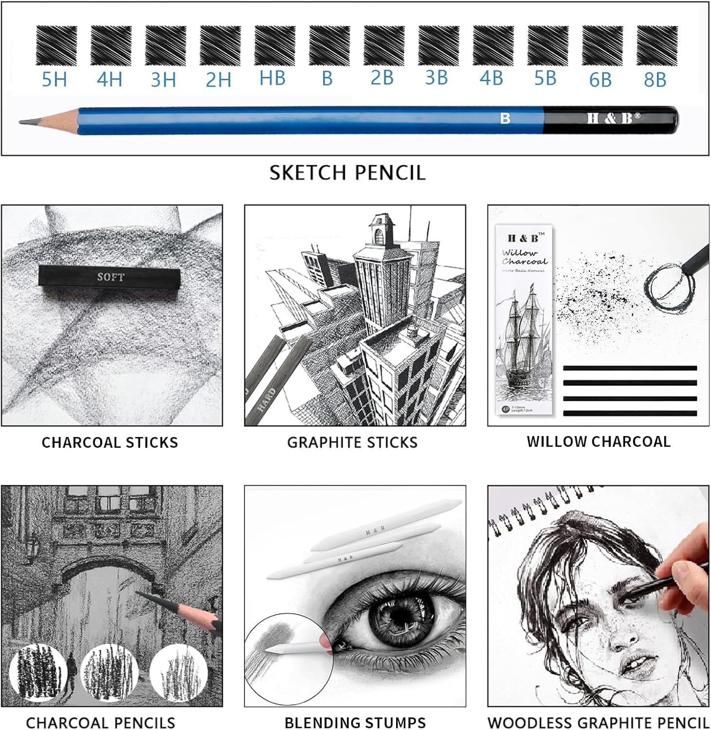H & B 36 Pack Drawing Set Sketch Kit,Sketching Supplies 36 Piece Set, Black