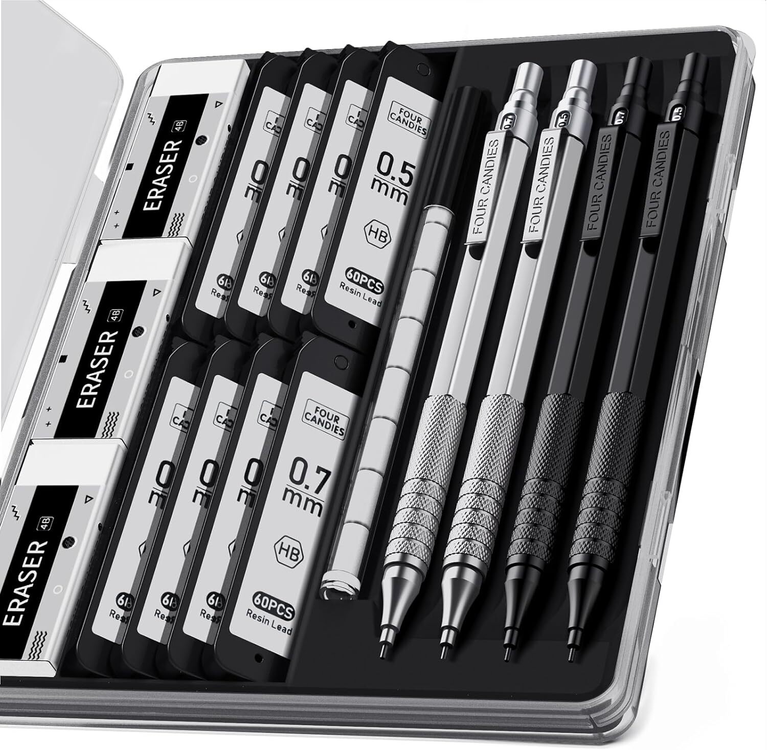 Four Candies 4PCS Metal Mechanical Pencils Set with Case, 0.5mm Black+Sliver